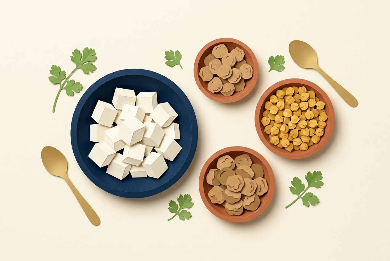 Editorial flat-lay of Indian vegetarian protein foods: fresh paneer cubes, roasted chana, and soy chunks
