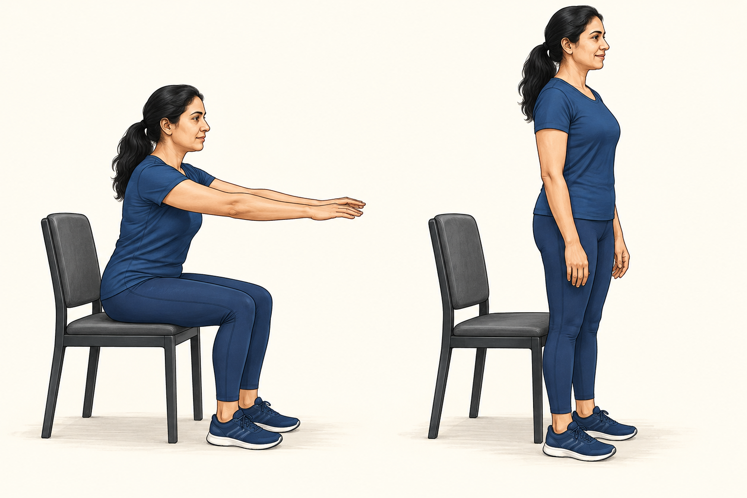 Generated side-view illustration of a fictional Indian adult seated on a stable chair and standing upright in front of it.