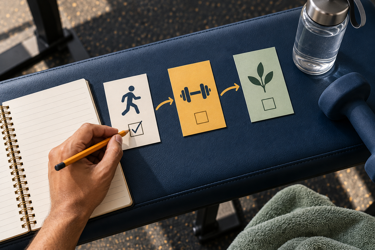 Generated editorial illustration for how to track gym progress and decide when to add weight. Fictional people and generic equipment; no real member or facility.