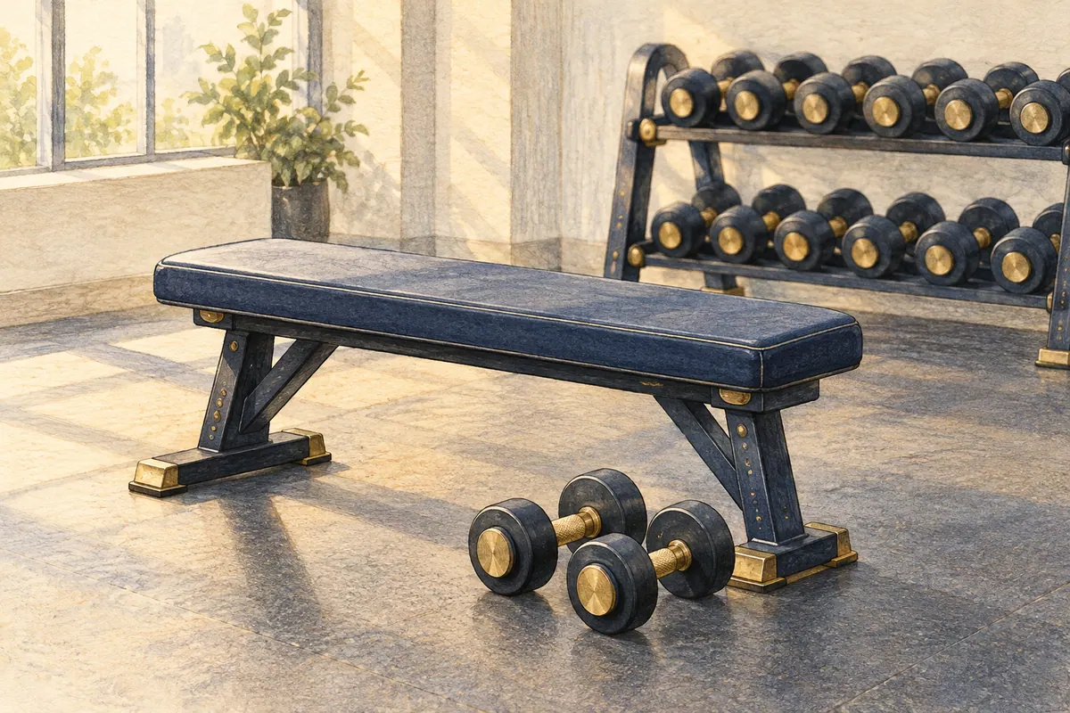 Watercolour illustration of an unoccupied flat bench with two dumbbells beside it.
