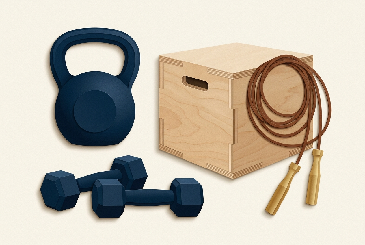 Editorial illustration of functional training equipment: kettlebell, dumbbells, jump rope and plyo box