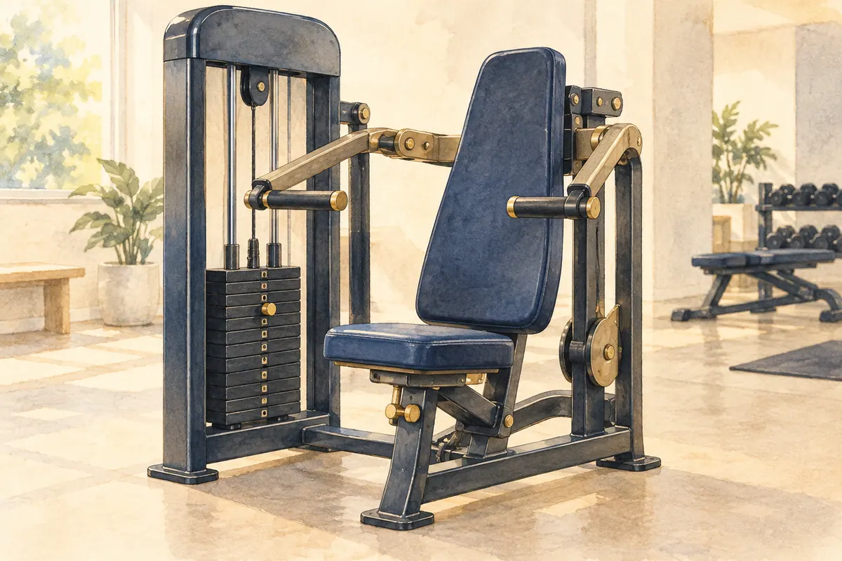 Watercolour illustration of an unoccupied seated chest-press machine with seat, backrest and handles.