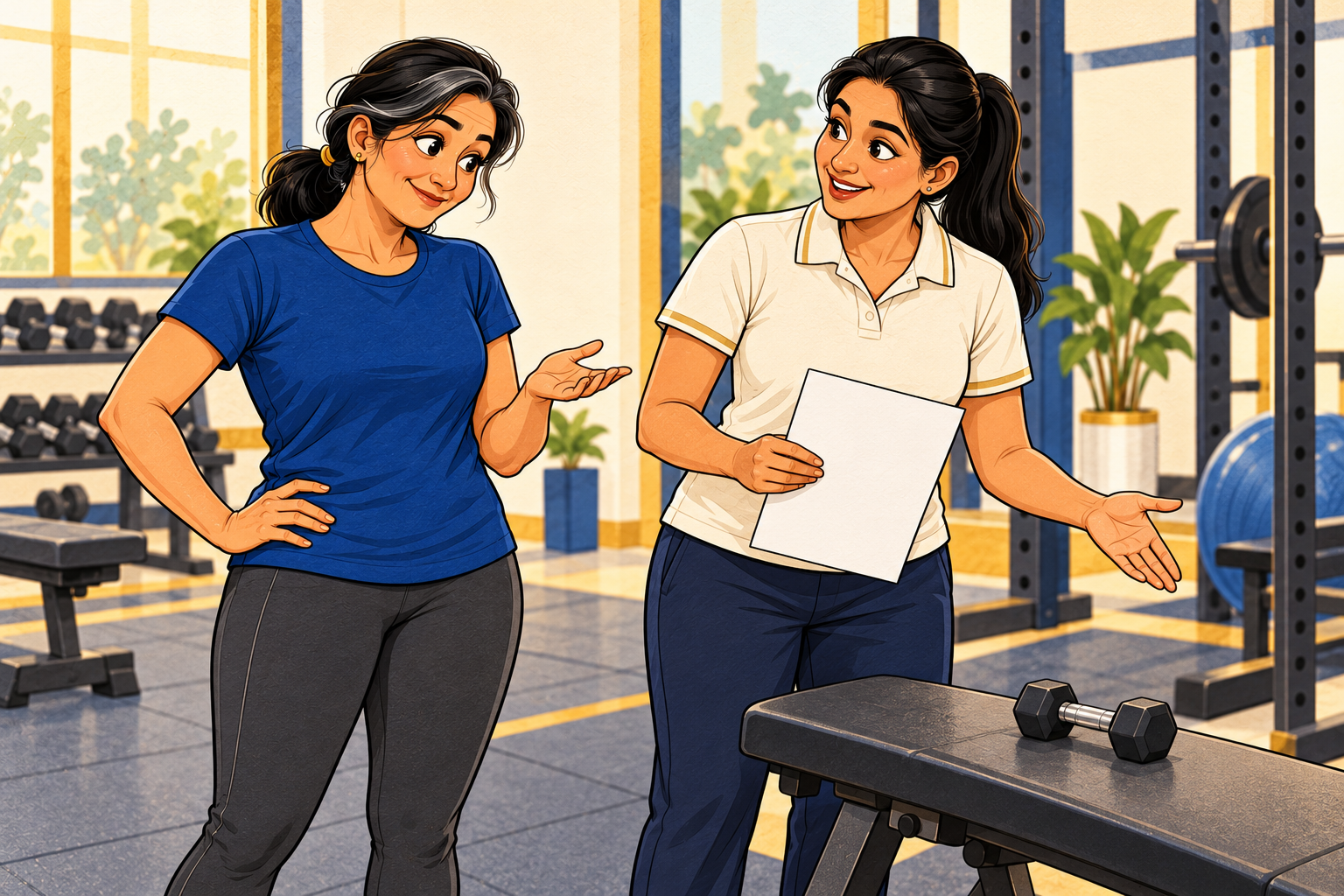 The same fictional beginner and trainer discussing a starting choice beside a training bench.