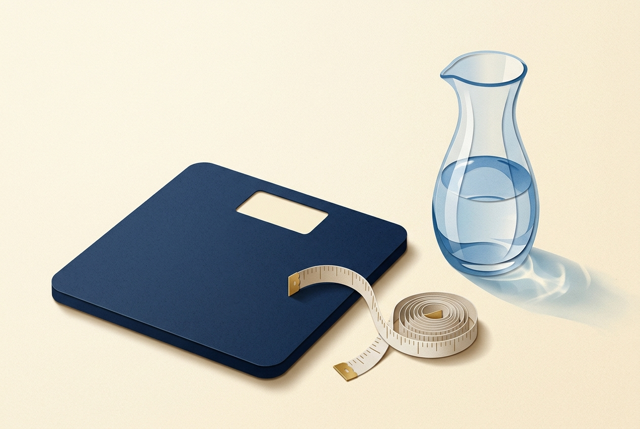 Editorial illustration of a bathroom scale with a blank face, a coiled measuring tape, and a water carafe